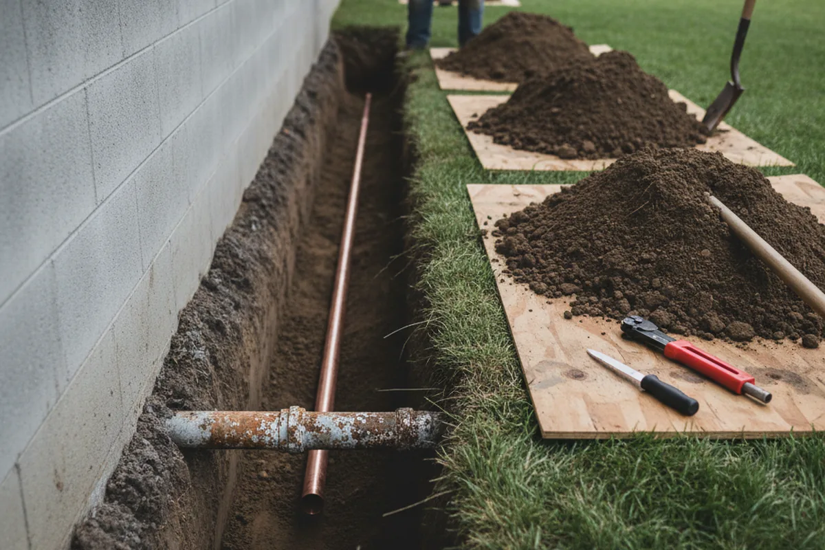 Excavated water line trench during Water Heater Repair in Coal City